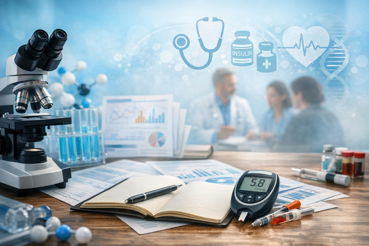 בדיקת סוכר מונחת על השולחן, מיקרוסקופ ומחברת לתעד את הממצאים