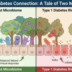 איור השוואתי של מיקרוביום המעי: צד שמאל מציג מערכת בריאה ומגוונת, וצד ימין מציג מערכת לא מאוזנת עם מעי דליף האופיינית לסוכרת סוג 1.