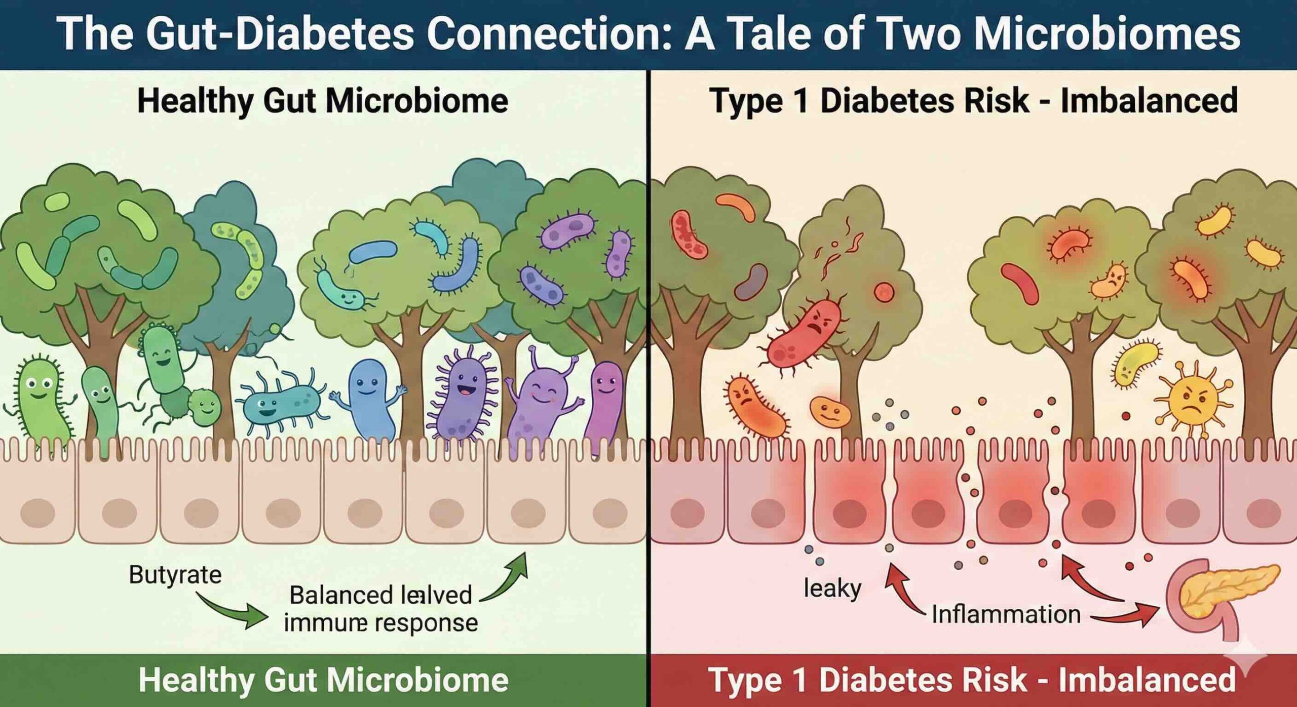 איור השוואתי של מיקרוביום המעי: צד שמאל מציג מערכת בריאה ומגוונת, וצד ימין מציג מערכת לא מאוזנת עם מעי דליף האופיינית לסוכרת סוג 1.